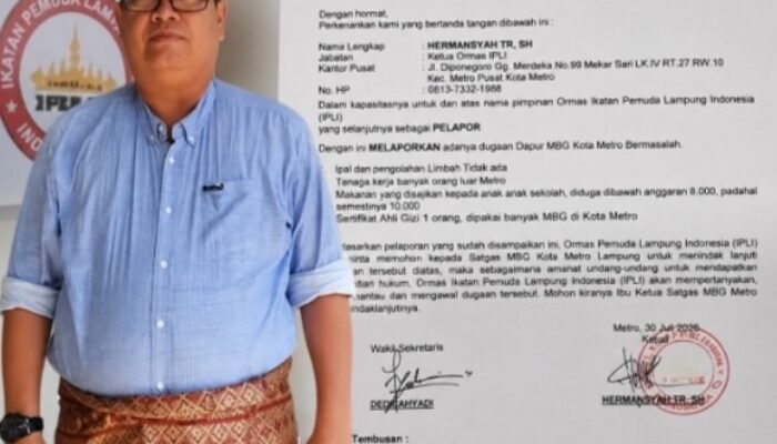 Ketum IPLI Laporkan Dugaan Pelanggaran Dapur MBG Kota Metro, Desak Satgas Bertindak Tegas.