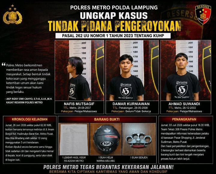 Tiga Pelaku Pengeroyokan di Metro Akhirnya Dibekuk Polisi.